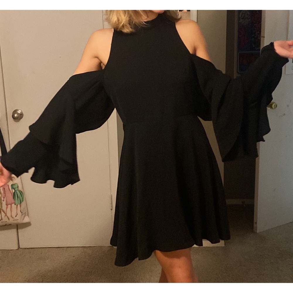 re:named Black Cascade Sleeve Dress